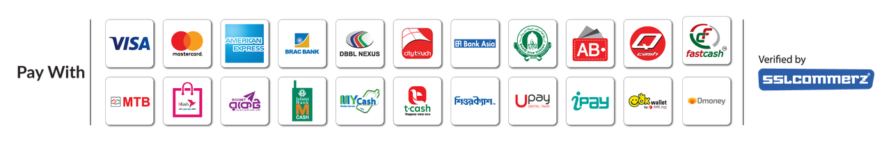 Pay With — Visa, Mastercard, American Express, bKash, Rocket, DBBL Nexus and other Bangladeshi cards, mobile-banking and internet-banking channels. Verified by SSLCommerz.